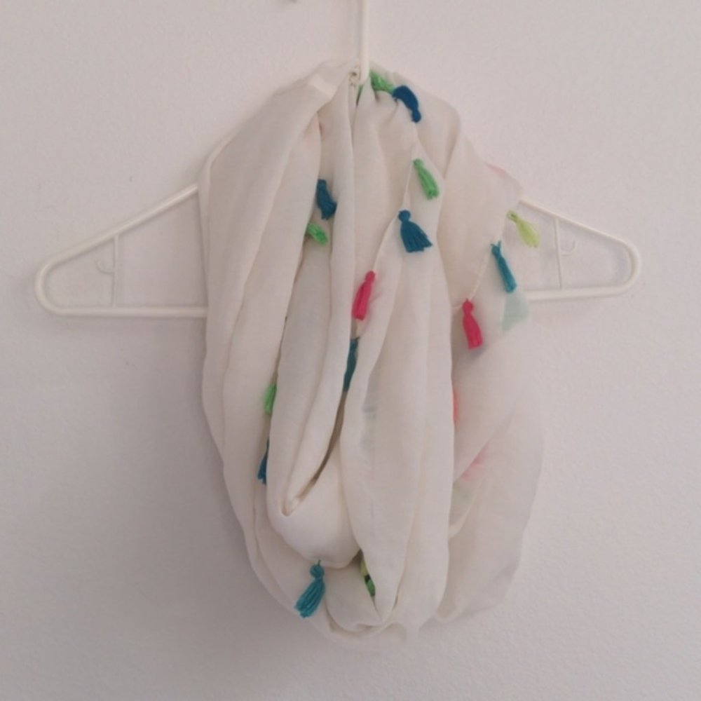 Target White Infinity Scarf with Pink, Blue and Green Tassels